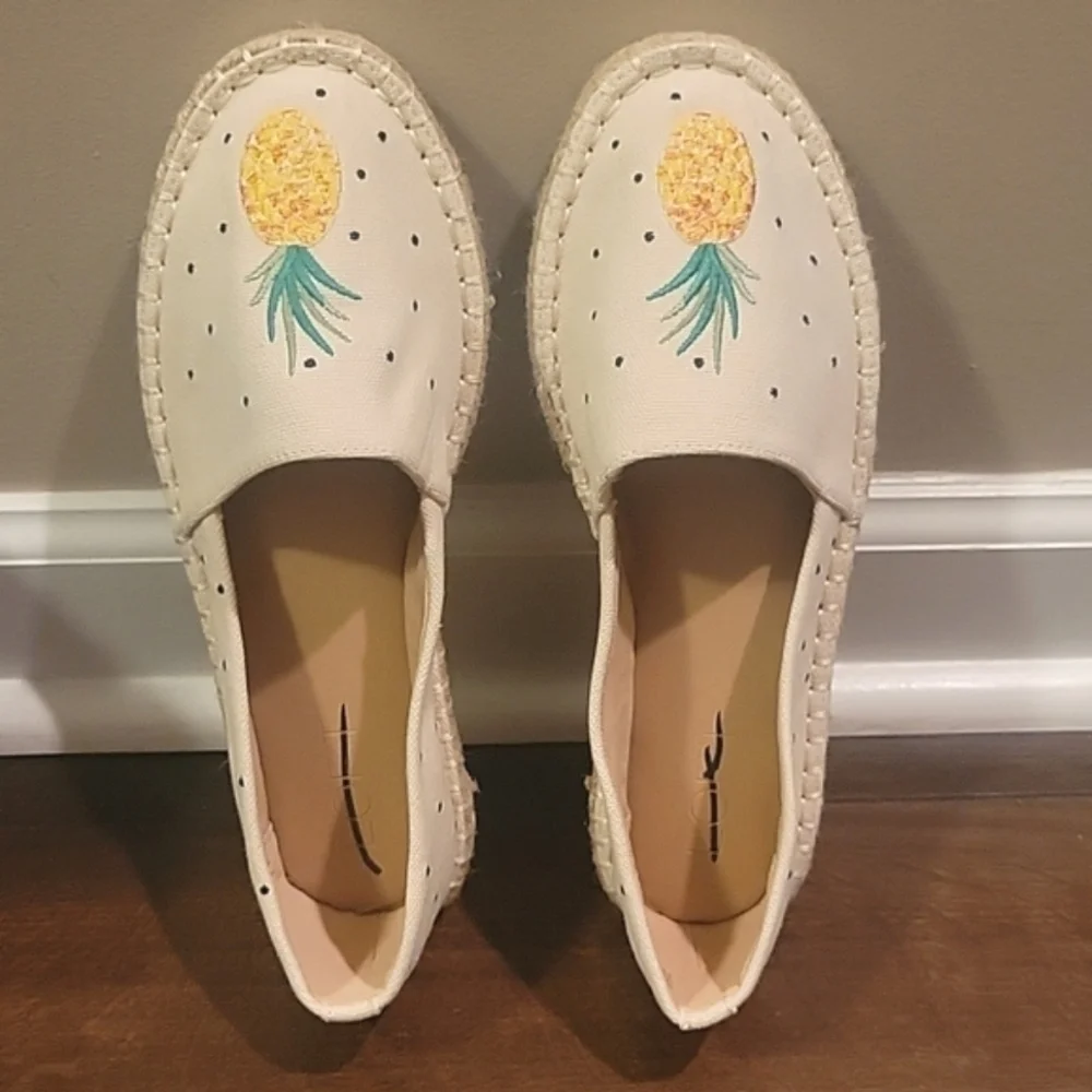 NEW! LOFT Pineapple Embroidered Espadrille Flats Flaxen Beige 6.5.
